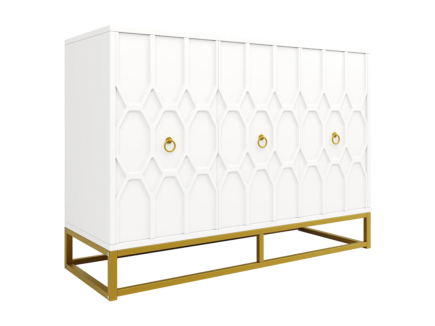 Buffet avec 3 portes - 120 x 40 x 85 cm - MDF et pieds en métal doré - pour salon, salle à manger - Blanc