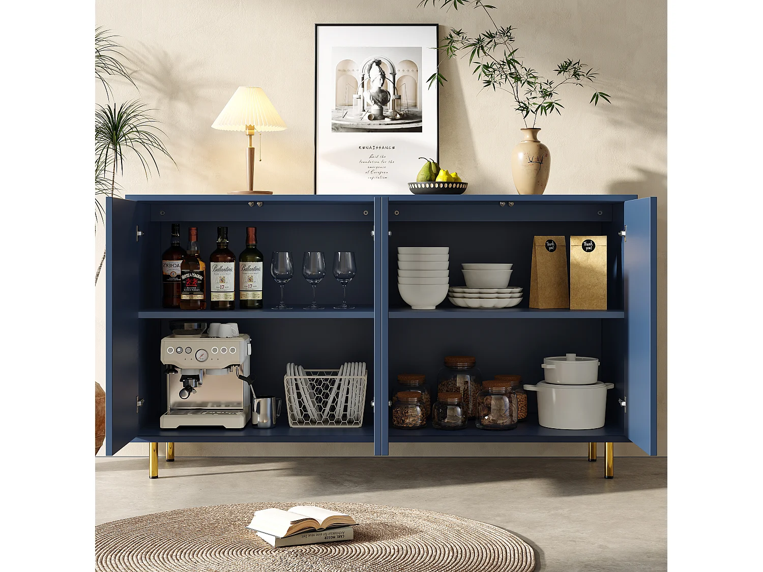 Buffet avec 4 portes - 140 x 40 x 85.9 cm - MDF + pieds en métal - pour salon, salle à manger - Noir