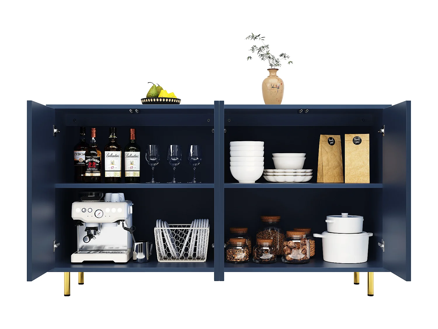 Buffet avec 4 portes - 140 x 40 x 85.9 cm - MDF + pieds en métal - pour salon, salle à manger - Noir