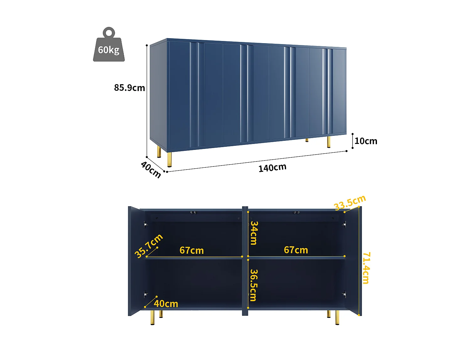 Buffet avec 4 portes - 140 x 40 x 85.9 cm - MDF + pieds en métal - pour salon, salle à manger - Noir
