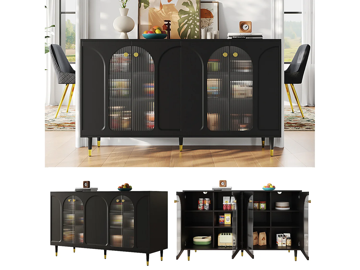 Buffet avec 4 portes - 140 x 40 x 85 cm - Bois MDF et verre - pour salle à manger ou salon - Noir