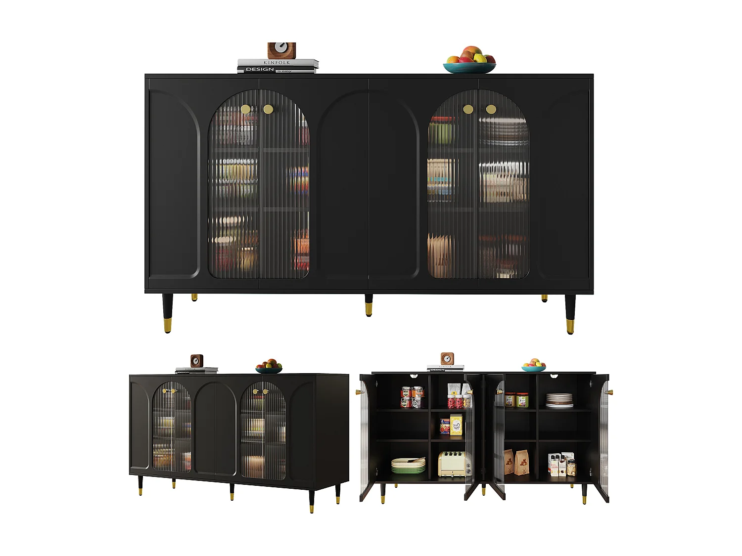 Buffet avec 4 portes - 140 x 40 x 85 cm - Bois MDF et verre - pour salle à manger ou salon - Noir