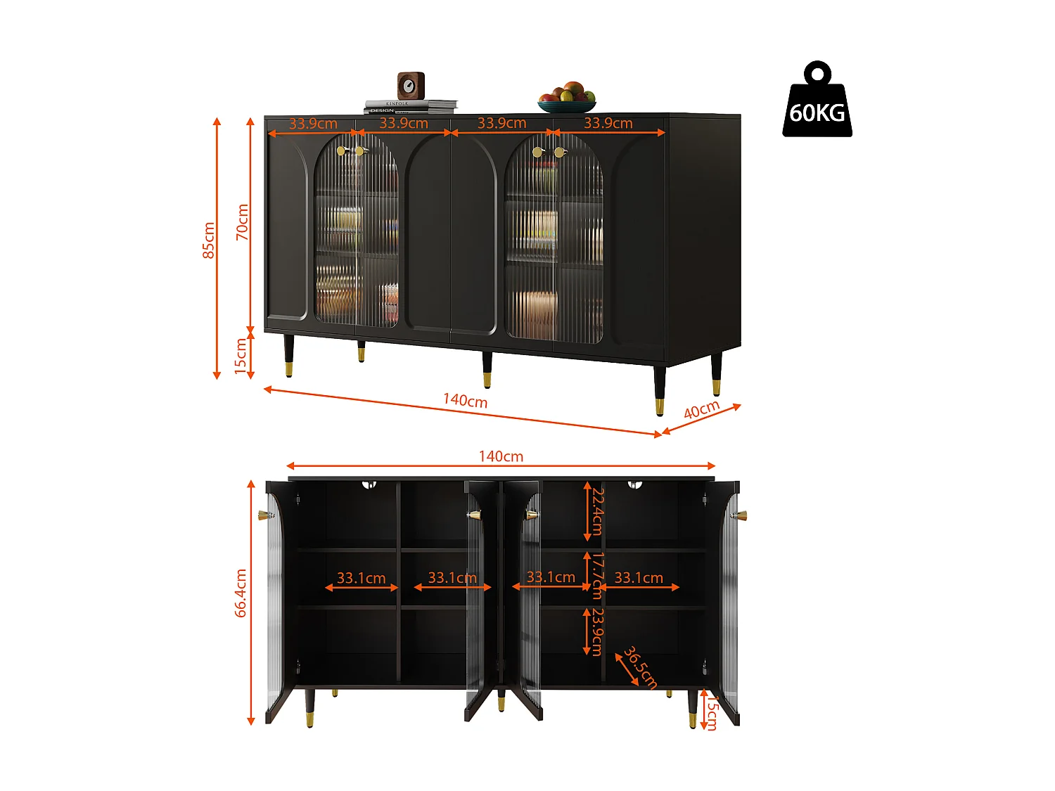 Buffet avec 4 portes - 140 x 40 x 85 cm - Bois MDF et verre - pour salle à manger ou salon - Noir