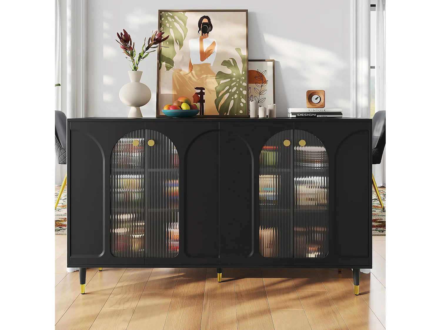 Buffet avec 4 portes - 140 x 40 x 85 cm - Bois MDF et verre - pour salle à manger ou salon - Noir