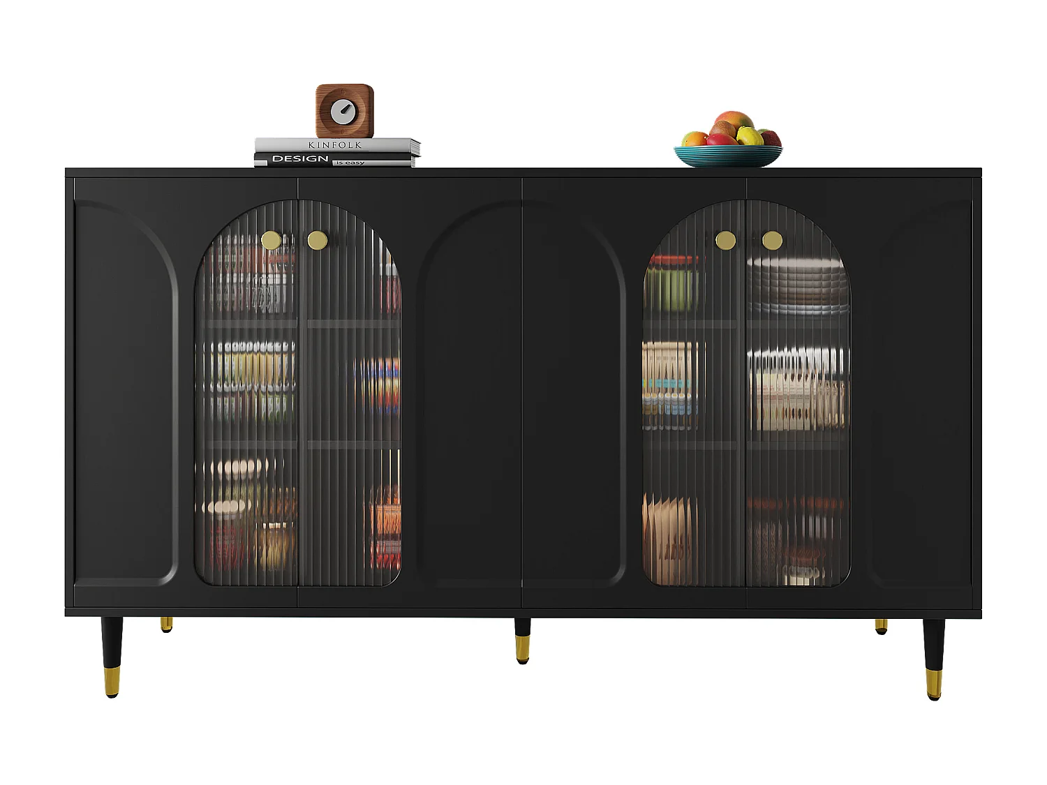 Buffet avec 4 portes - 140 x 40 x 85 cm - Bois MDF et verre - pour salle à manger ou salon - Noir
