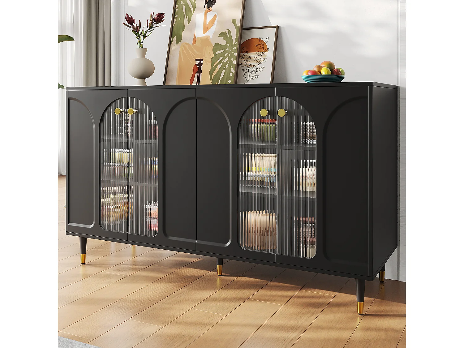 Buffet avec 4 portes - 140 x 40 x 85 cm - Bois MDF et verre - pour salle à manger ou salon - Noir