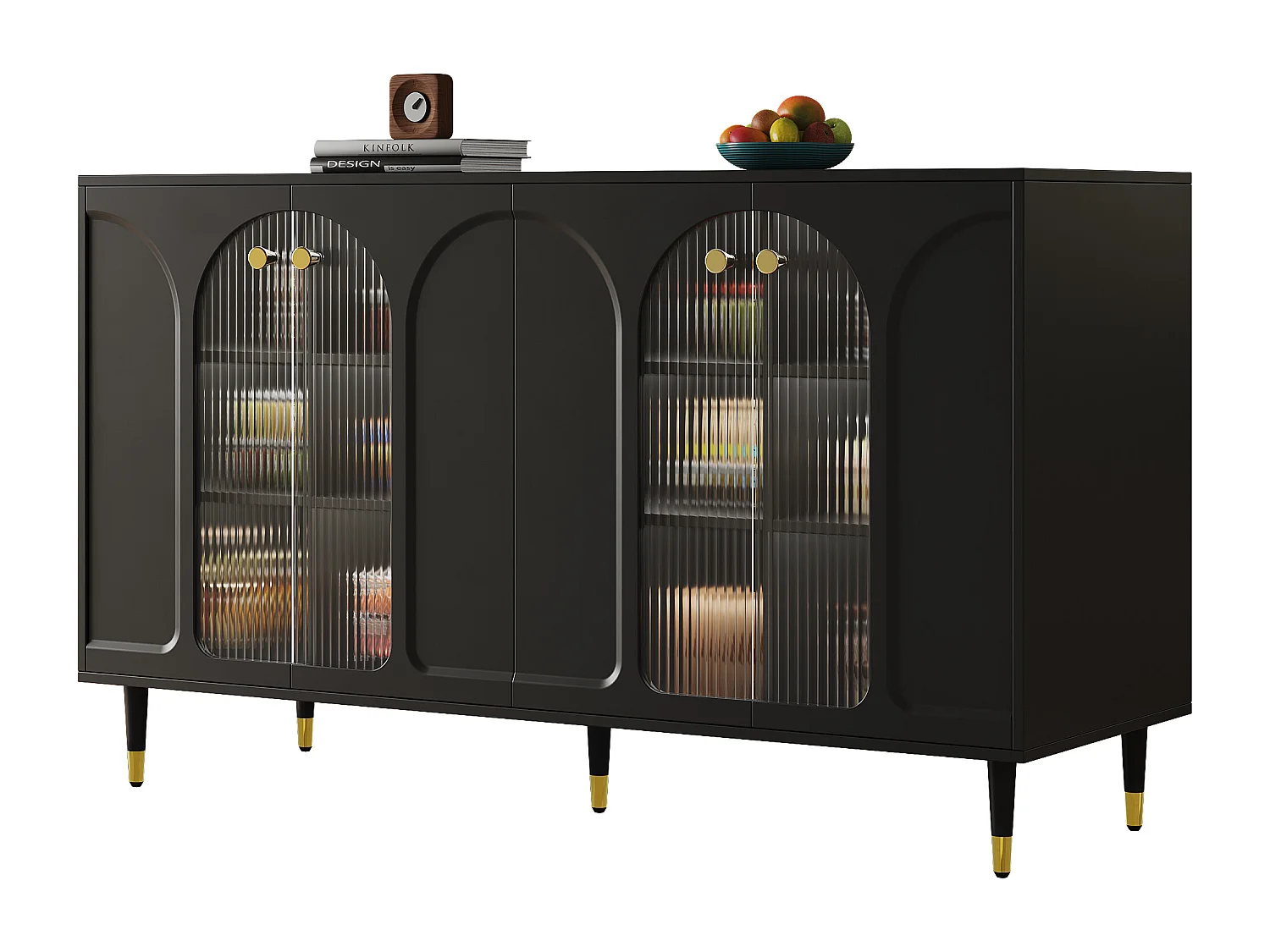 Buffet avec 4 portes - 140 x 40 x 85 cm - Bois MDF et verre - pour salle à manger ou salon - Noir