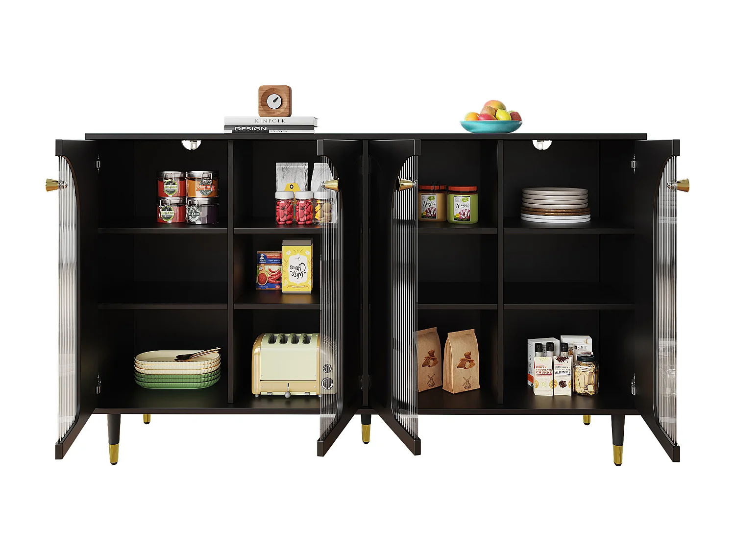 Buffet avec 4 portes - 140 x 40 x 85 cm - Bois MDF et verre - pour salle à manger ou salon - Noir