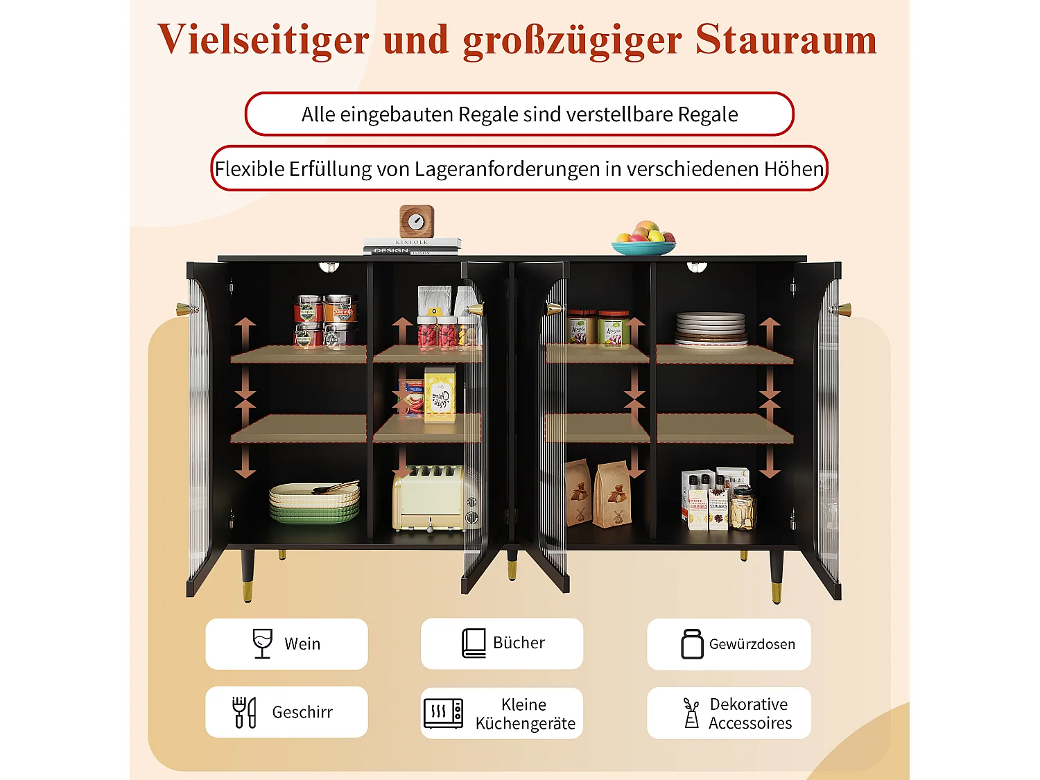 Buffet avec 4 portes - 140 x 40 x 85 cm - Bois MDF et verre - pour salle à manger ou salon - Noir