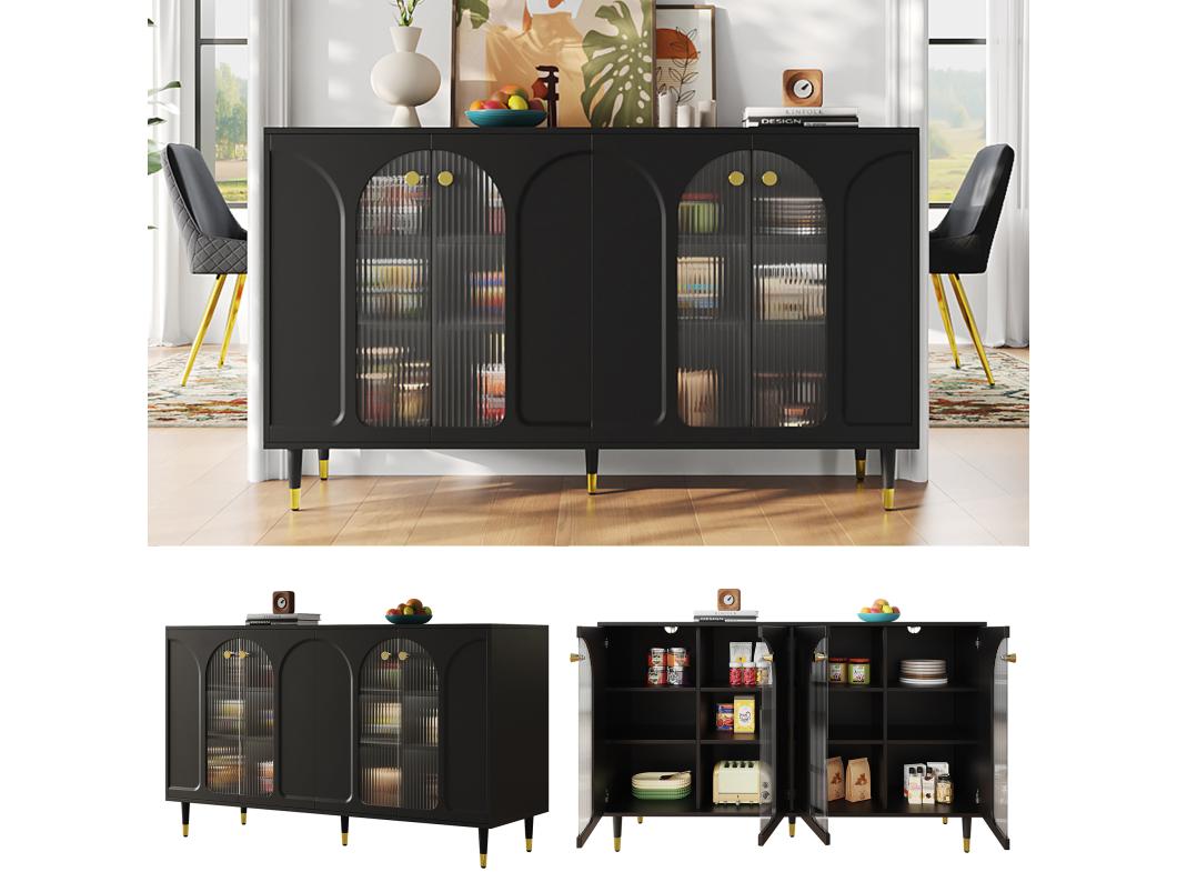Aparador com 4 portas - 140 x 40 x 85 cm - Madeira MDF e vidro - para sala de jantar ou sala de estar - Preto
