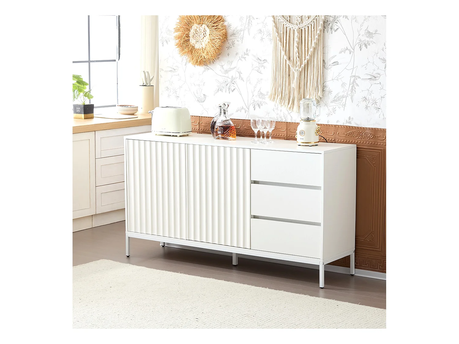 Sideboard mit 2 Türen und 3 Schubladen - 150 x 40 x 79 cm - MDF-Holz - verstellbare Regale - Wellenmuster - Weiß