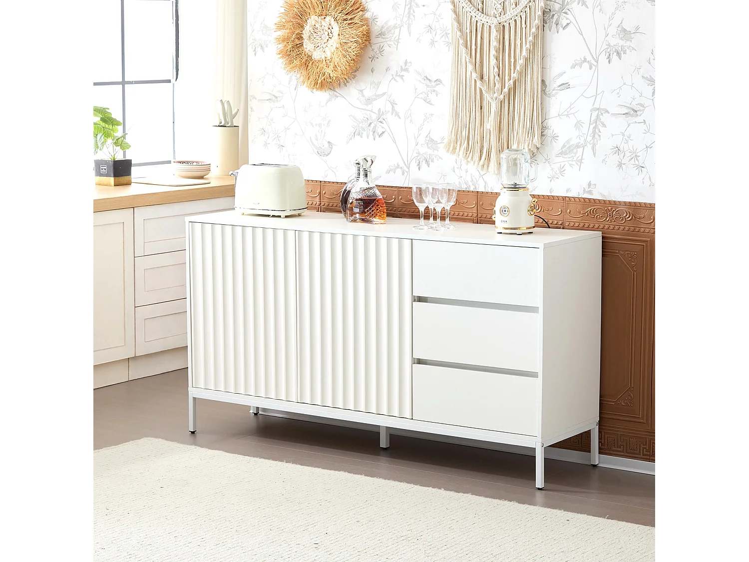 Buffet avec 2 portes et 3 tiroirs - 150 x 40 x 79 cm - Bois MDF - Etagères réglables - Motif de vagues - Blanc