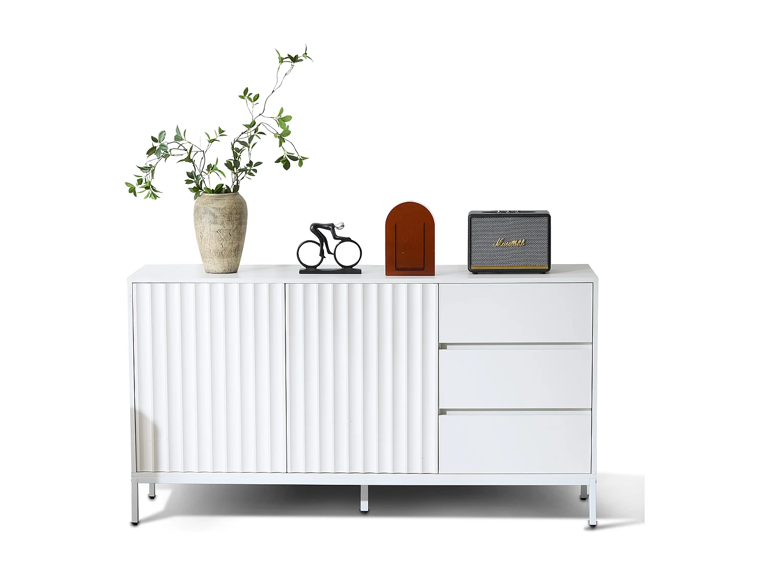 Buffet avec 2 portes et 3 tiroirs - 150 x 40 x 79 cm - Bois MDF - Etagères réglables - Motif de vagues - Blanc