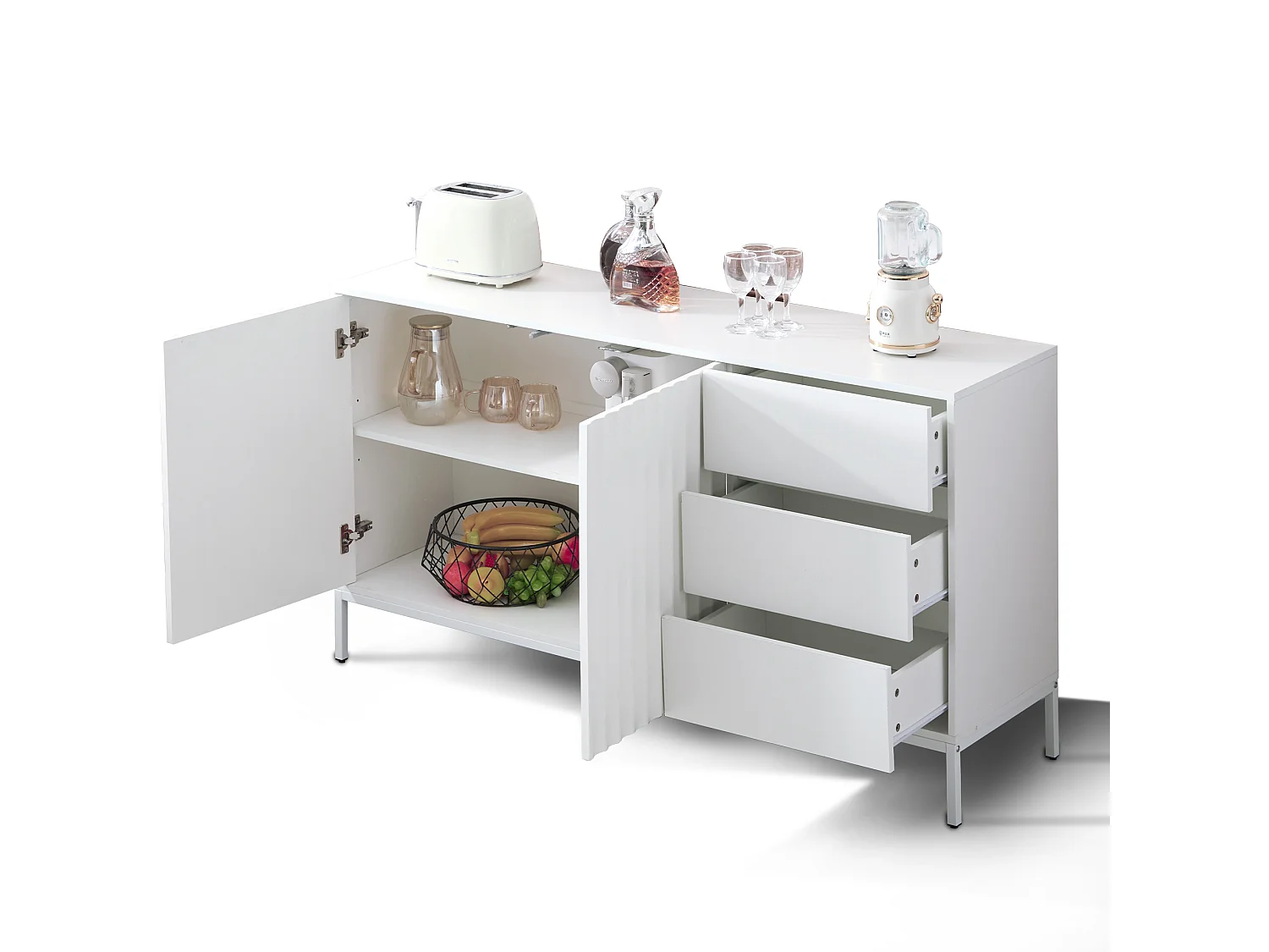 Buffet avec 2 portes et 3 tiroirs - 150 x 40 x 79 cm - Bois MDF - Etagères réglables - Motif de vagues - Blanc