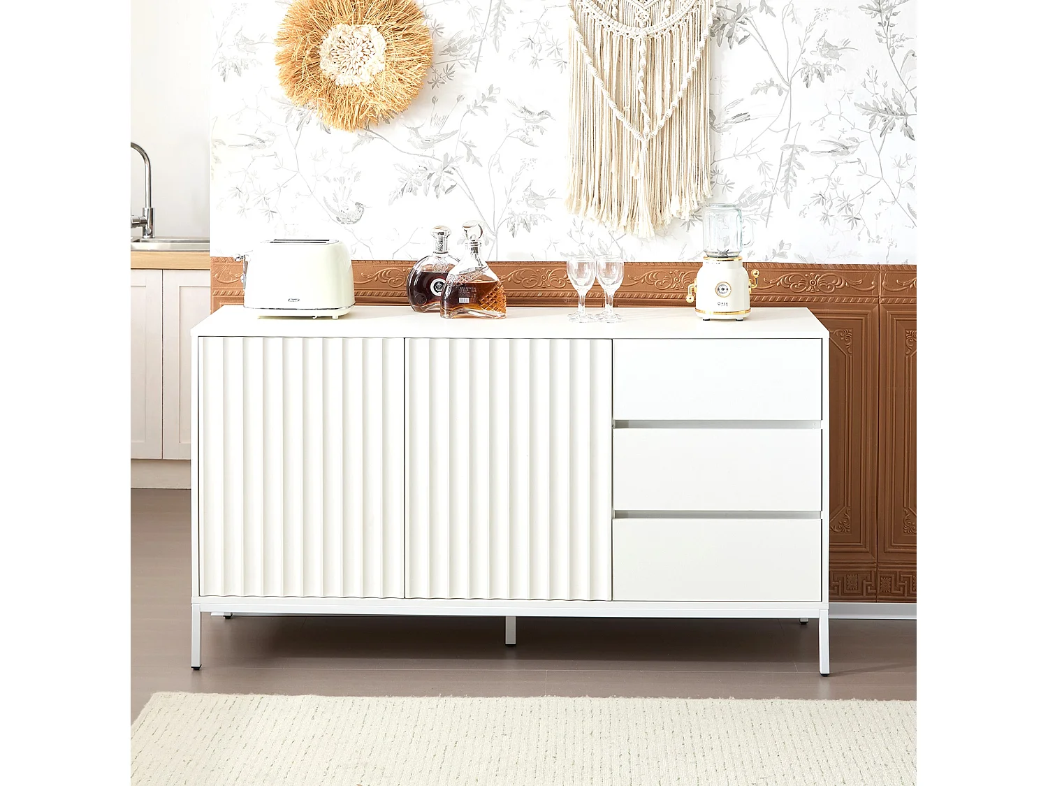 Buffet avec 2 portes et 3 tiroirs - 150 x 40 x 79 cm - Bois MDF - Etagères réglables - Motif de vagues - Blanc