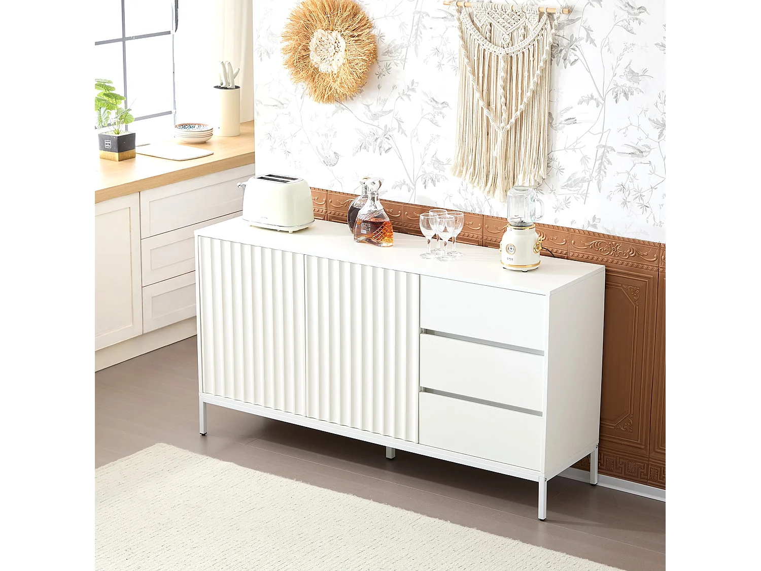 Buffet avec 2 portes et 3 tiroirs - 150 x 40 x 79 cm - Bois MDF - Etagères réglables - Motif de vagues - Blanc