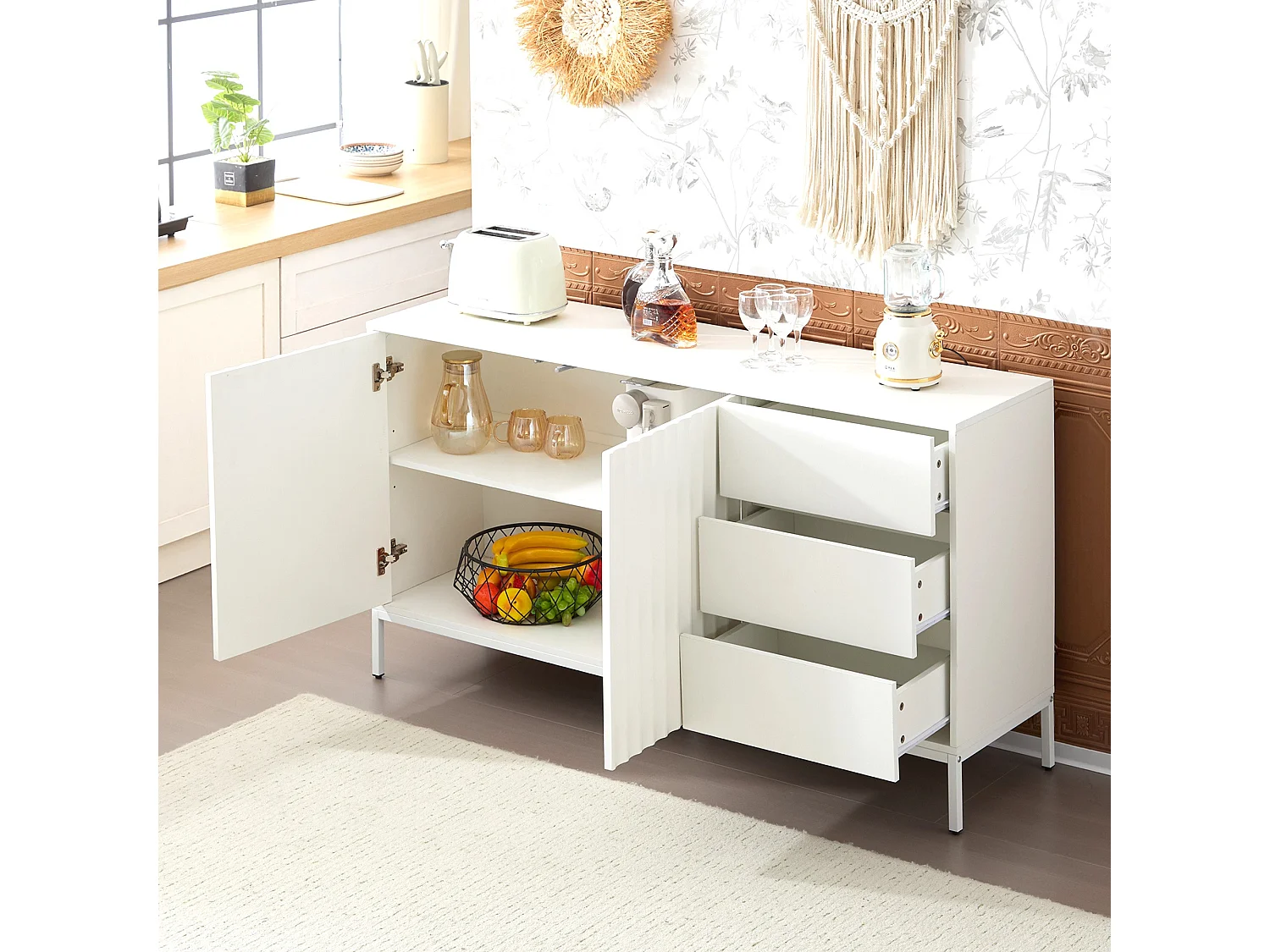 Buffet avec 2 portes et 3 tiroirs - 150 x 40 x 79 cm - Bois MDF - Etagères réglables - Motif de vagues - Blanc