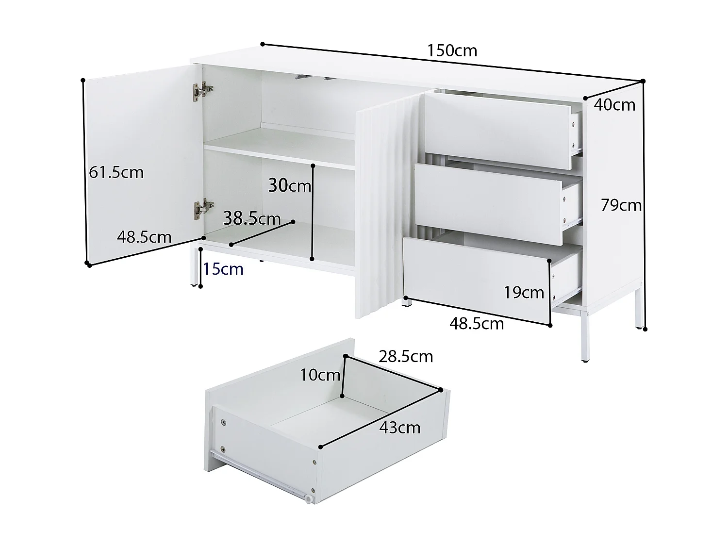 Buffet avec 2 portes et 3 tiroirs - 150 x 40 x 79 cm - Bois MDF - Etagères réglables - Motif de vagues - Blanc
