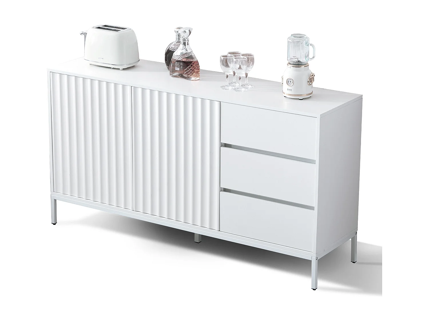 Buffet avec 2 portes et 3 tiroirs - 150 x 40 x 79 cm - Bois MDF - Etagères réglables - Motif de vagues - Blanc