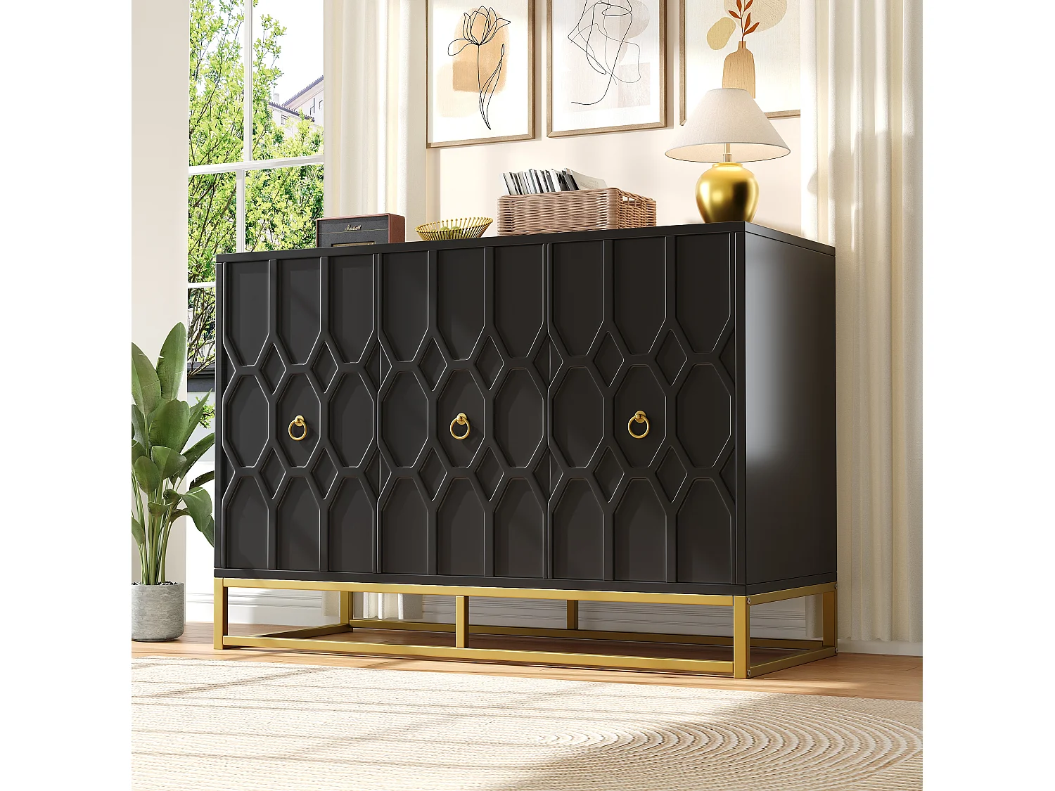 Aparador com 3 portas - 120 x 40 x 85 cm - MDF e pés de metal dourado - para sala de estar, sala de jantar - Preto