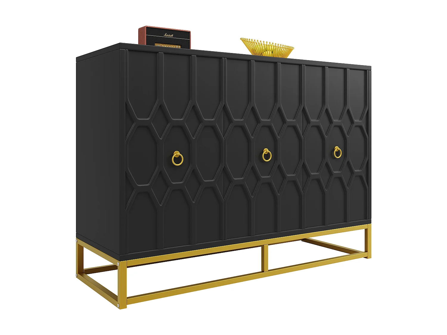 Aparador com 3 portas - 120 x 40 x 85 cm - MDF e pés de metal dourado - para sala de estar, sala de jantar - Preto