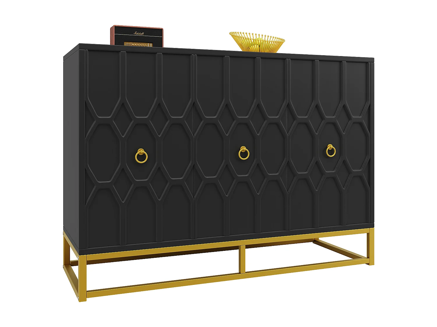Aparador com 3 portas - 120 x 40 x 85 cm - MDF e pés de metal dourado - para sala de estar, sala de jantar - Preto