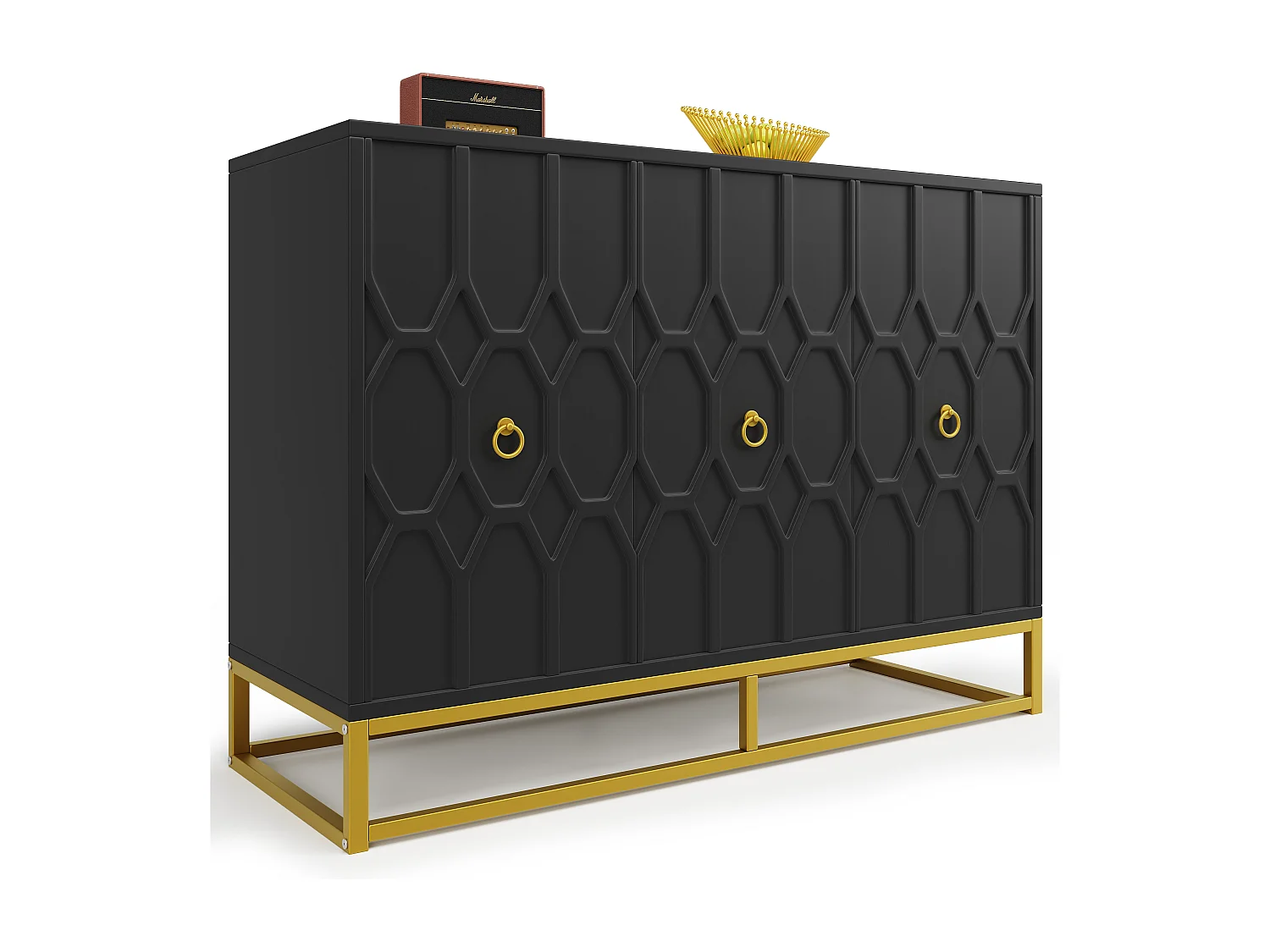 Aparador com 3 portas - 120 x 40 x 85 cm - MDF e pés de metal dourado - para sala de estar, sala de jantar - Preto
