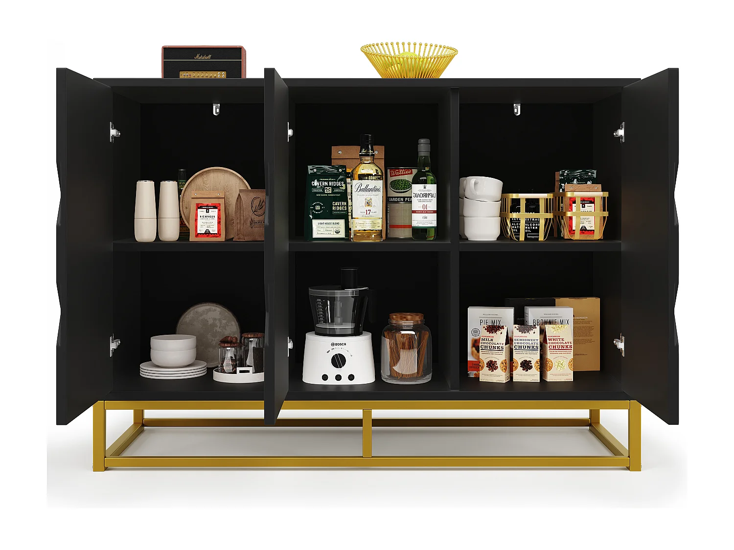 Aparador com 3 portas - 120 x 40 x 85 cm - MDF e pés de metal dourado - para sala de estar, sala de jantar - Preto