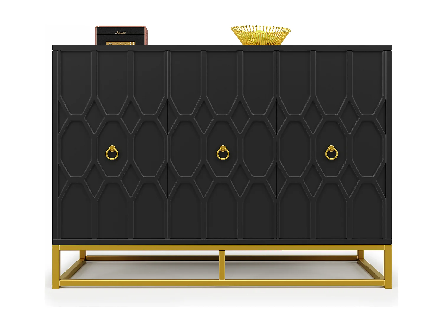 Aparador com 3 portas - 120 x 40 x 85 cm - MDF e pés de metal dourado - para sala de estar, sala de jantar - Preto