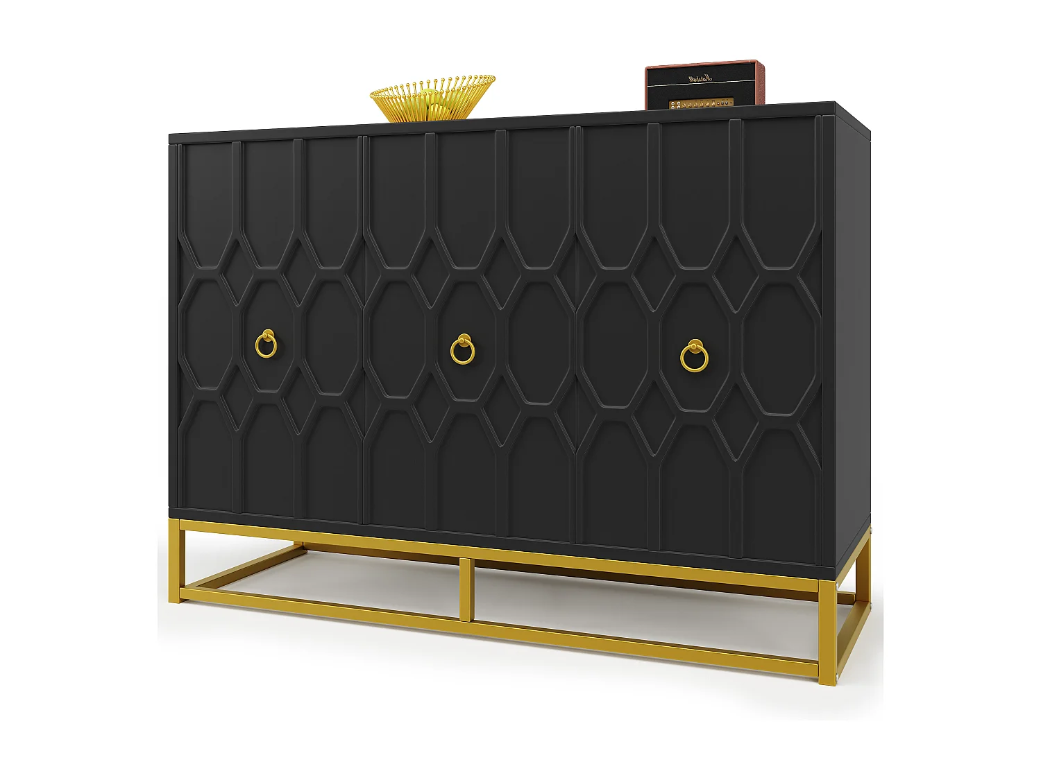 Aparador com 3 portas - 120 x 40 x 85 cm - MDF e pés de metal dourado - para sala de estar, sala de jantar - Preto