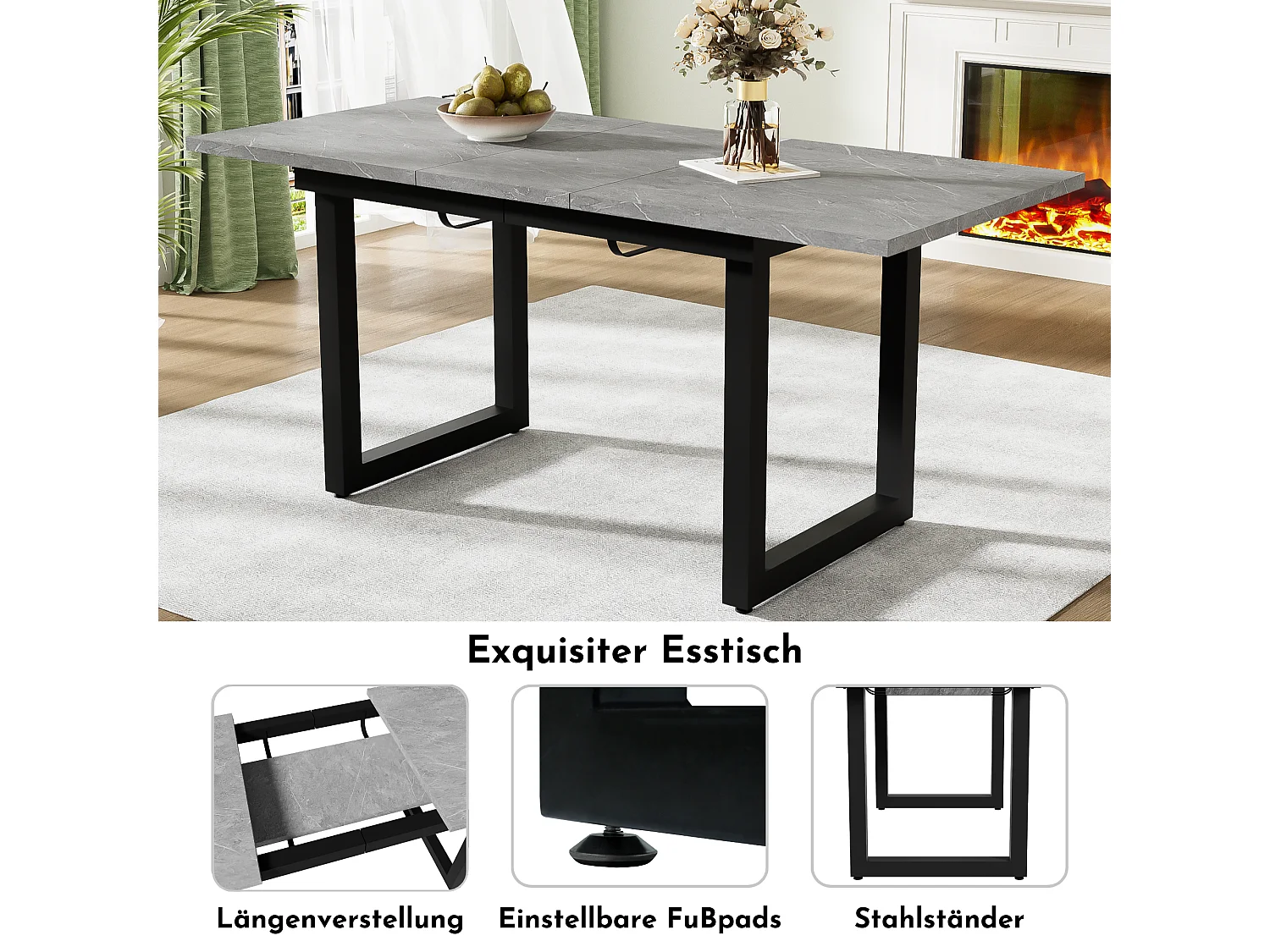 Mesa de comedor extensible para 4 a 6 personas - 140/180 x 80 x 75 cm - Patas de MDF y hierro - Efecto mármol - Gris