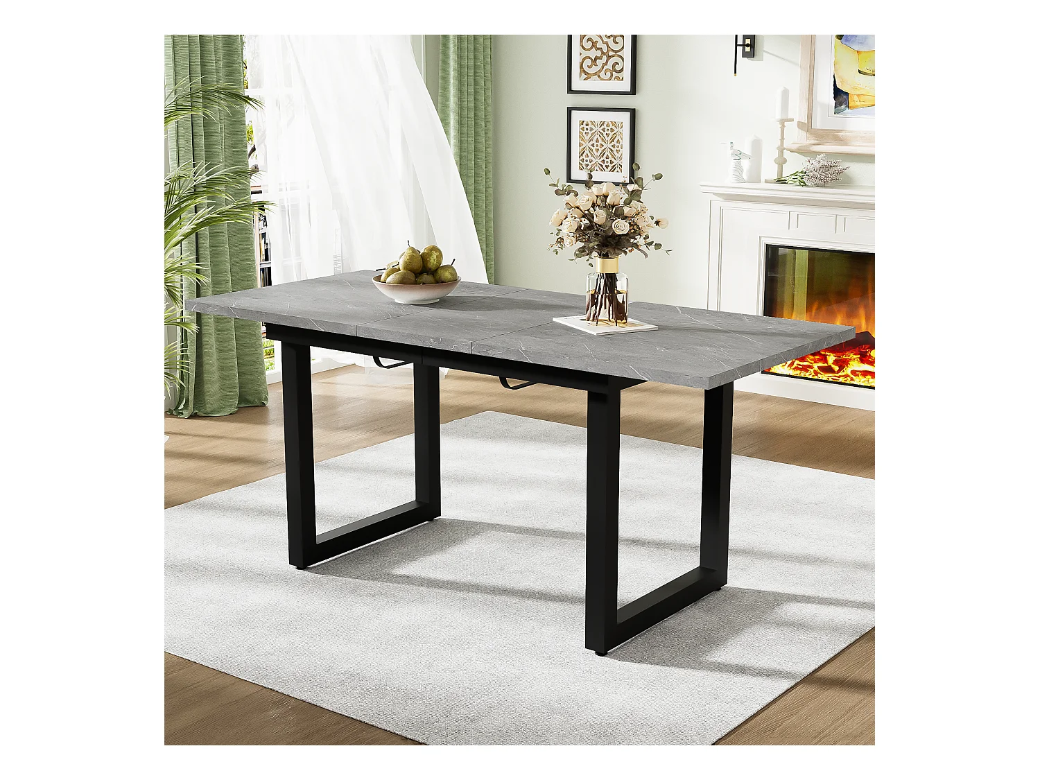 Table à manger extensible 4 à 6 couverts - 140/180 x 80 x 75 cm - MDF et pièds en fer - Effet marbre - Gris