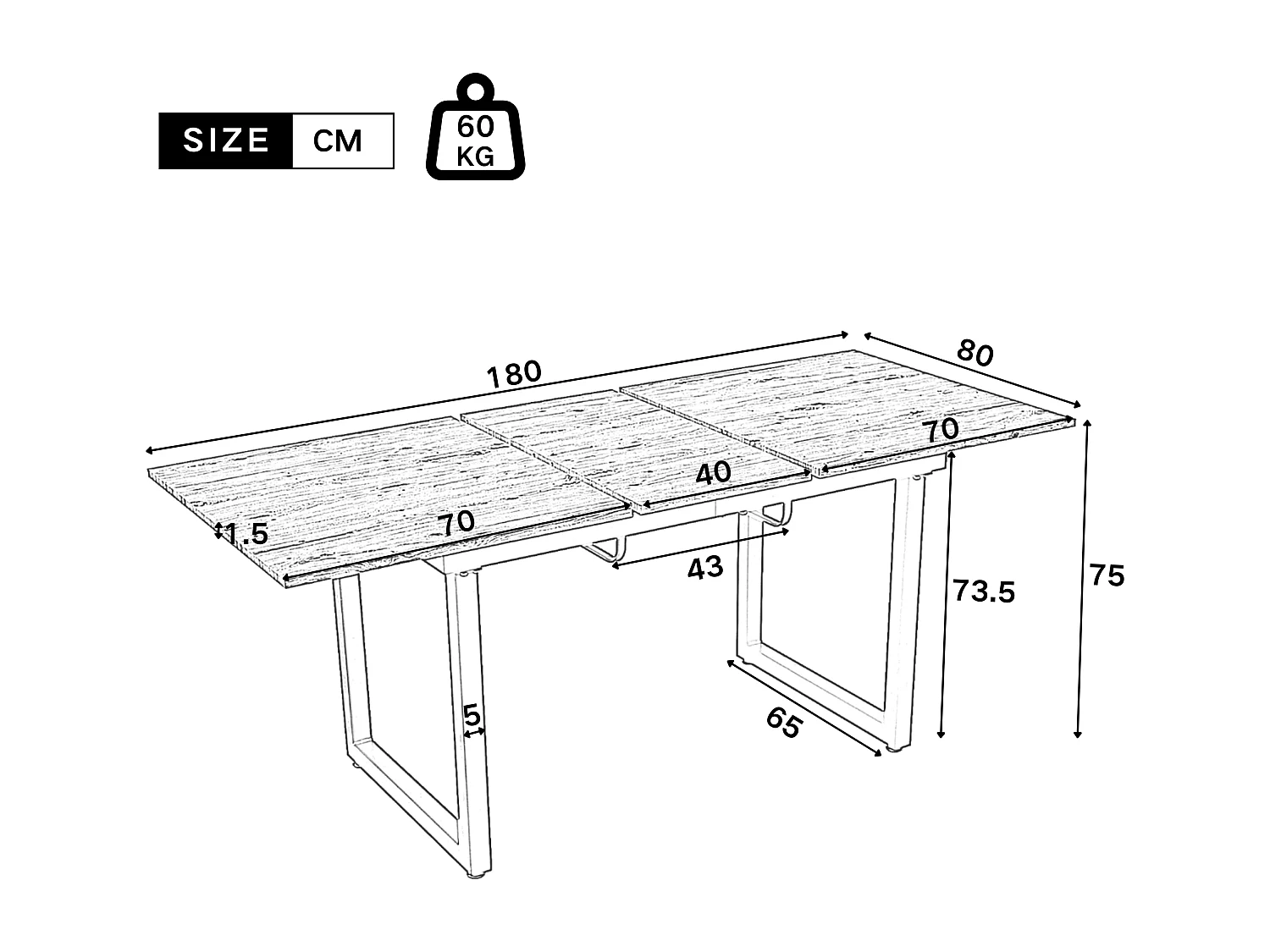 Mesa de comedor extensible para 4 a 6 personas - 140/180 x 80 x 75 cm - Patas de MDF y hierro - Efecto mármol - Gris