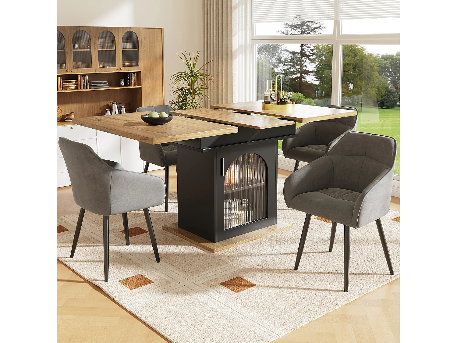 Ausziehbarer Esstisch für 4 bis 6 Personen mit 1 Tür - 110/140 x 80 x 76 cm - MDF-Holz - für Küche und Wohnzimmer - Natur + Schwarz