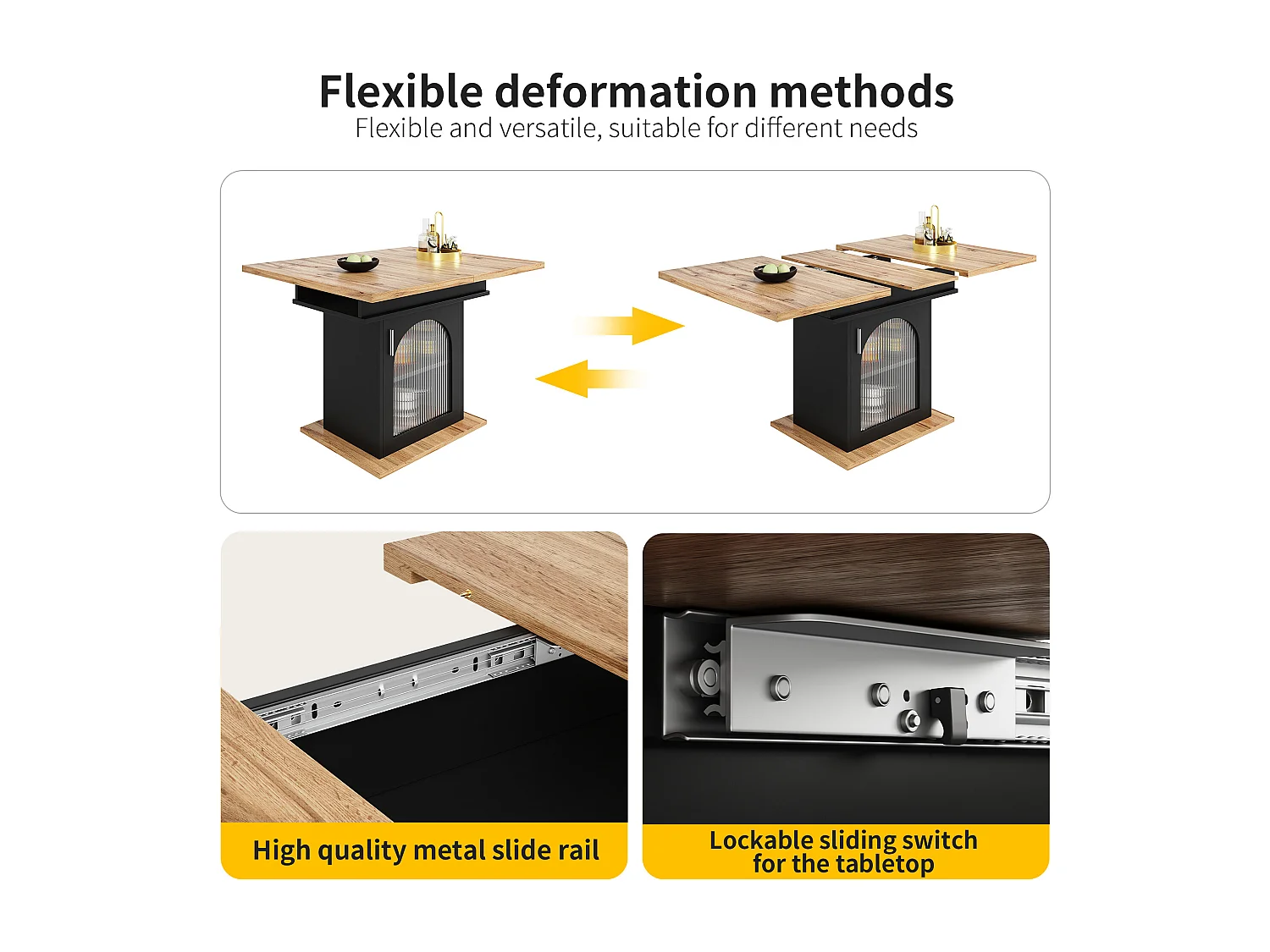 Ausziehbarer Esstisch für 4 bis 6 Personen mit 1 Tür - 110/140 x 80 x 76 cm - MDF-Holz - für Küche und Wohnzimmer - Natur + Schwarz