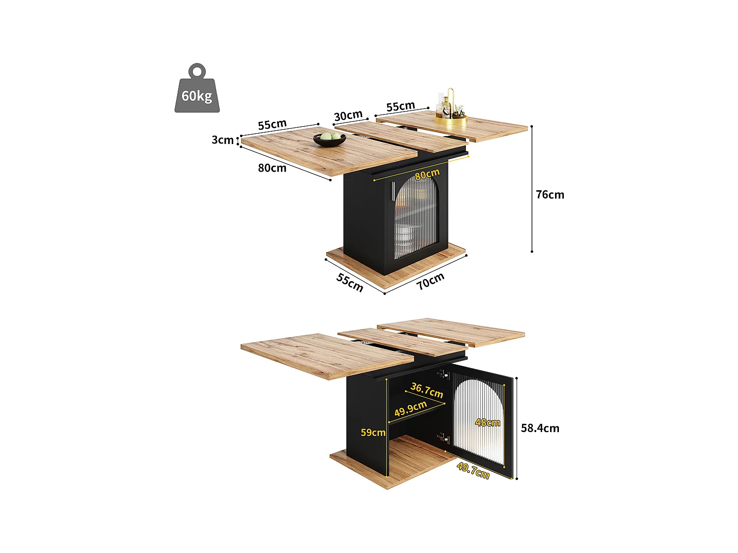 Mesa de comedor extensible para 4 a 6 personas con 1 puerta - 110/140 x 80 x 76 cm - Madera MDF - para cocina y salón - Natural + Negro