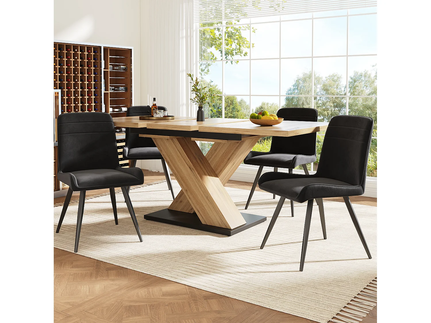 Ausziehbares Tischset + 4 schwarze Samtstühle - 119/158,5 x 80 x 75 cm - MDF-Holz - Gekreuzte Beine - Natur