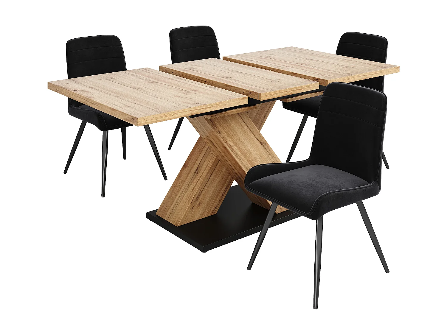 Ausziehbares Tischset + 4 schwarze Samtstühle - 119/158,5 x 80 x 75 cm - MDF-Holz - Gekreuzte Beine - Natur