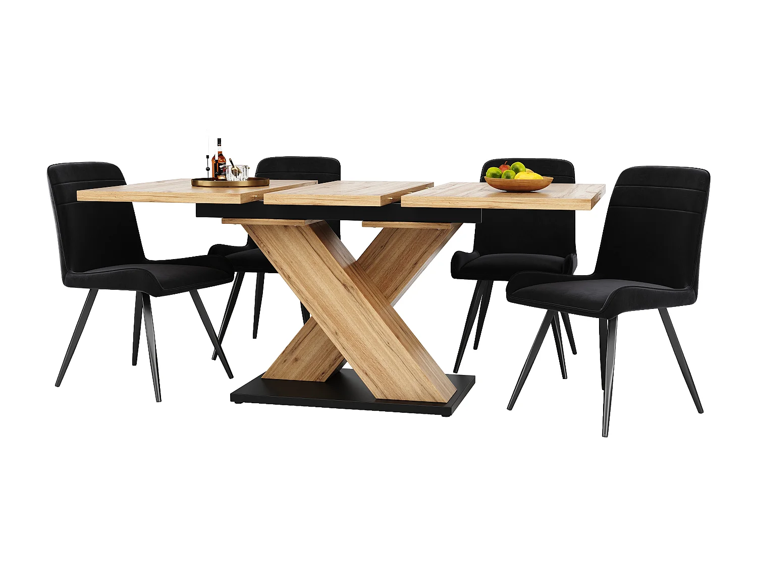 Ausziehbares Tischset + 4 schwarze Samtstühle - 119/158,5 x 80 x 75 cm - MDF-Holz - Gekreuzte Beine - Natur