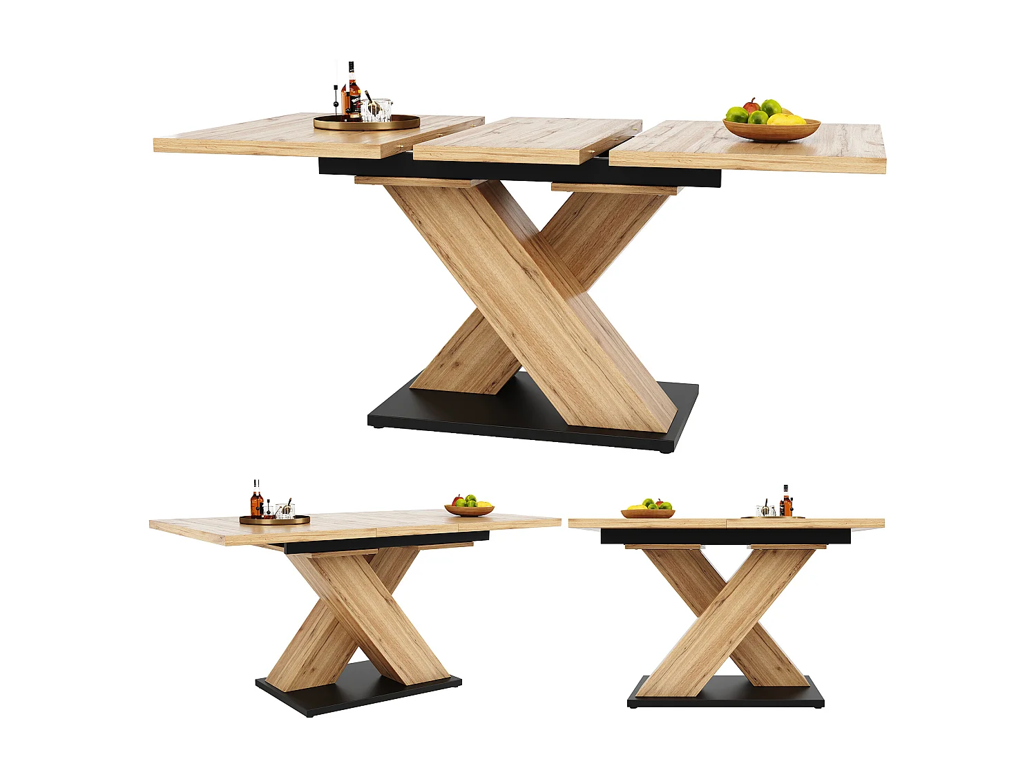 Ausziehbares Tischset + 4 schwarze Samtstühle - 119/158,5 x 80 x 75 cm - MDF-Holz - Gekreuzte Beine - Natur