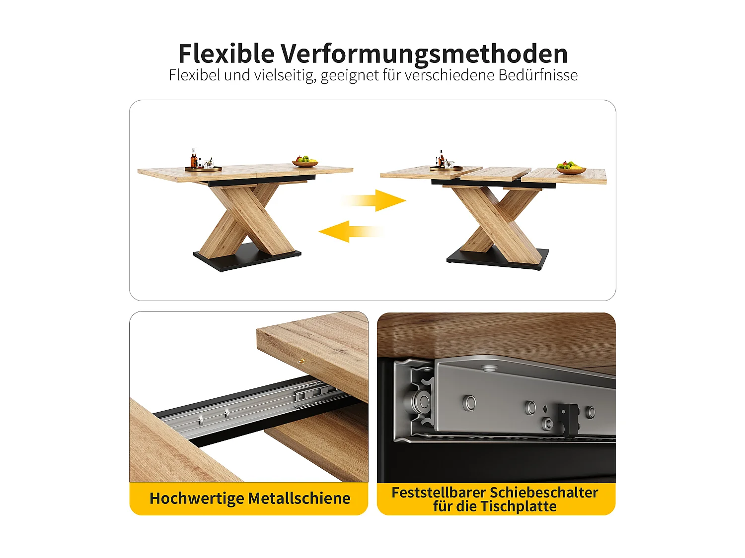 Ausziehbares Tischset + 4 schwarze Samtstühle - 119/158,5 x 80 x 75 cm - MDF-Holz - Gekreuzte Beine - Natur