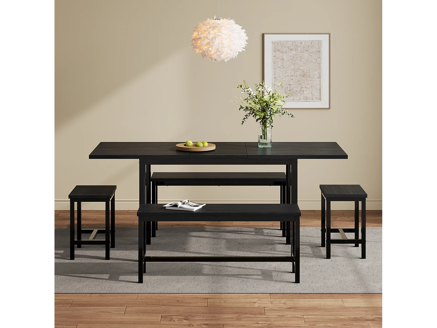 Ausziehbares Tischset + 4 Stühle - 160/120 x 80 x 75 cm - MDF-Holz und Metall - Schwarz