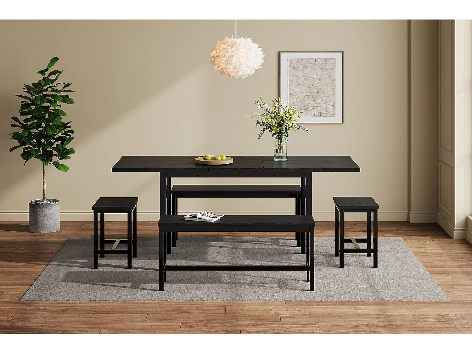 Ausziehbares Tischset + 4 Stühle - 160/120 x 80 x 75 cm - MDF-Holz und Metall - Schwarz