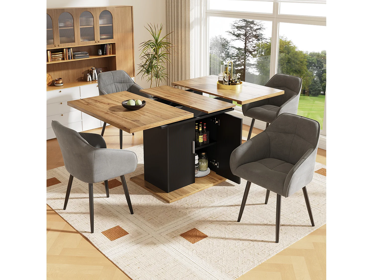 Ausziehbares Tischset mit 2 Türen + 4 Stühlen aus grauem Samt - 110/140 x 70 x 76 cm - MDF-Holz - Natur und Schwarz