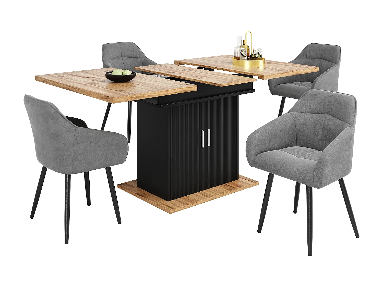 Ausziehbares Tischset mit 2 Türen + 4 Stühlen aus grauem Samt - 110/140 x 70 x 76 cm - MDF-Holz - Natur und Schwarz