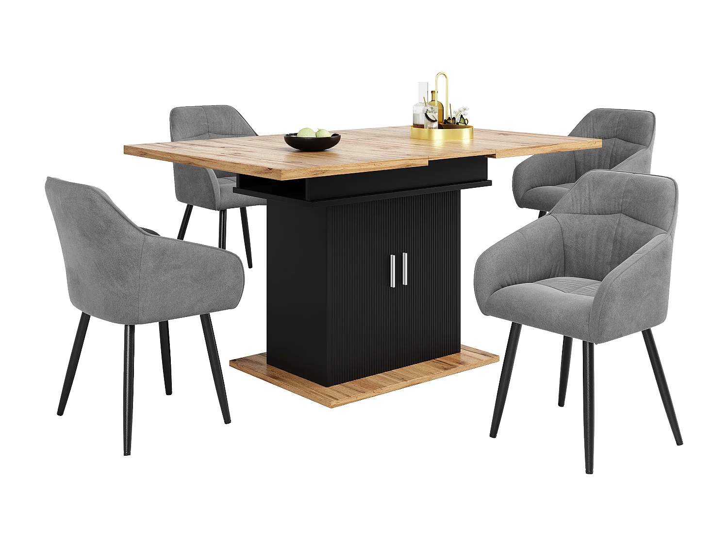 Ausziehbares Tischset mit 2 Türen + 4 Stühlen aus grauem Samt - 110/140 x 70 x 76 cm - MDF-Holz - Natur und Schwarz