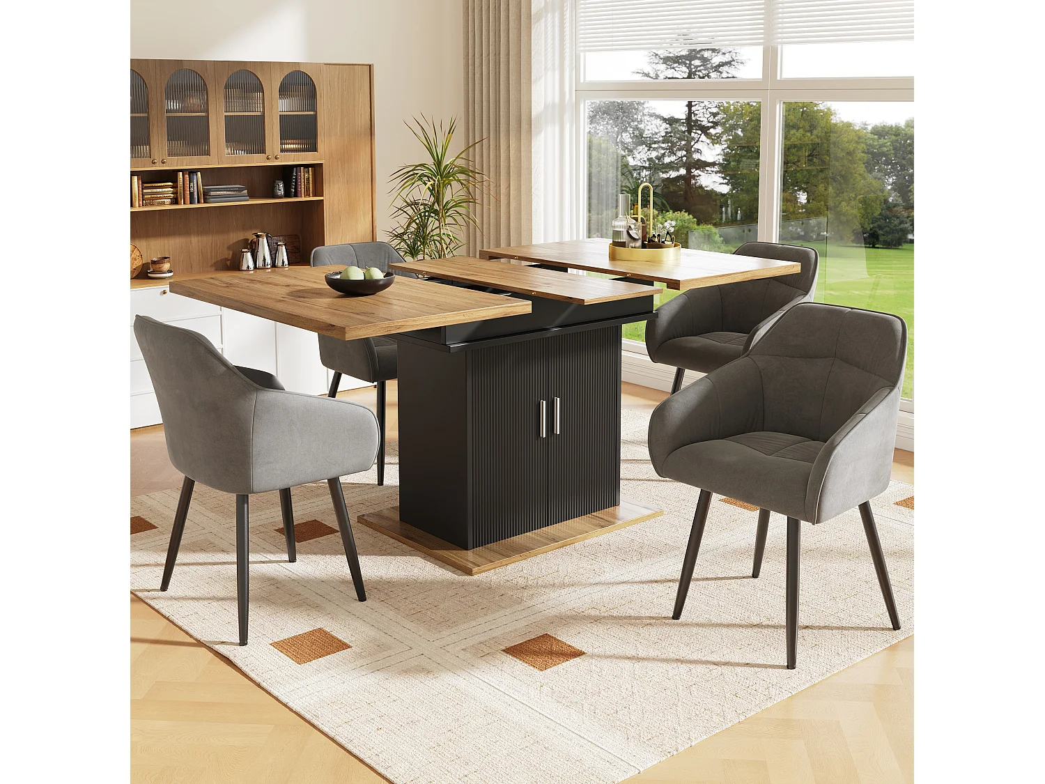 Set tavolo allungabile con 2 ante + 4 sedie in velluto grigio - 110/140 x 70 x 76 cm - Legno MDF - Naturale e nero