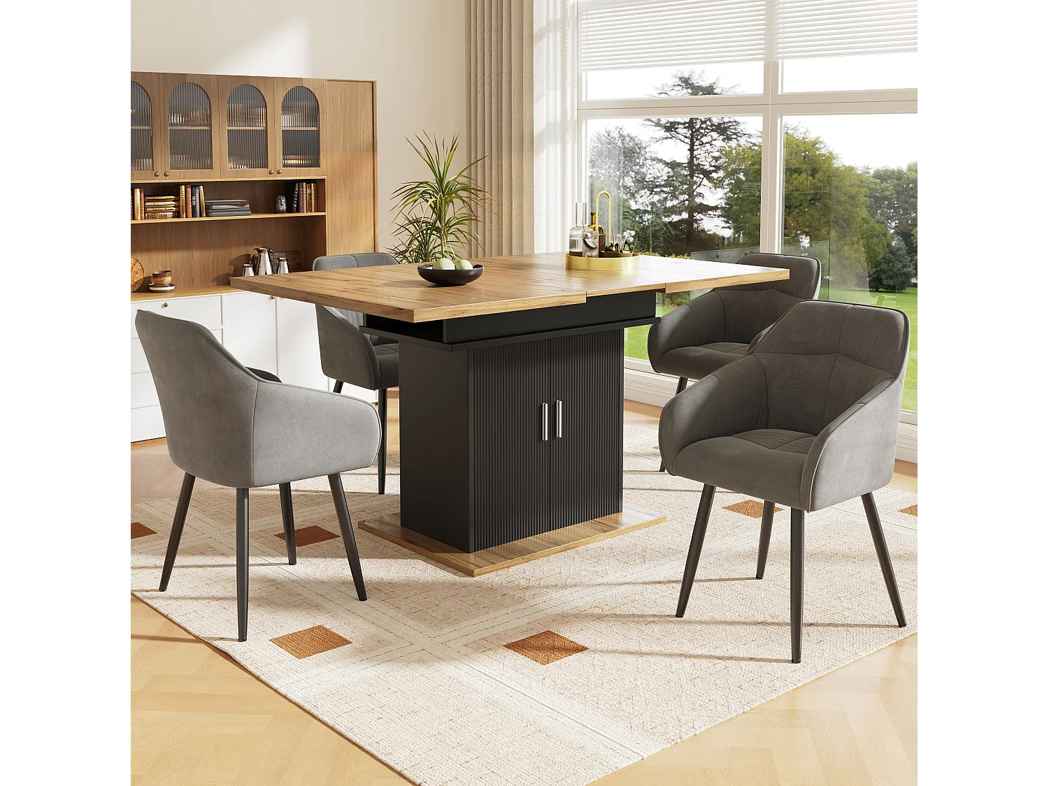 Set tavolo allungabile con 2 ante + 4 sedie in velluto grigio - 110/140 x 70 x 76 cm - Legno MDF - Naturale e nero