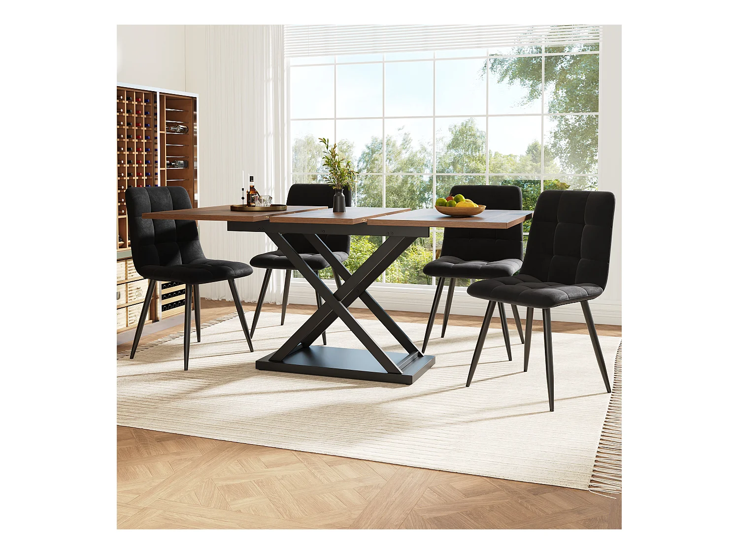 Ensemble table extensible avec 2 portes + 4 chaises en velours noir - 120/160 x 80 x 75 cm - Bois MDF et pièds en métal croissés - Marron