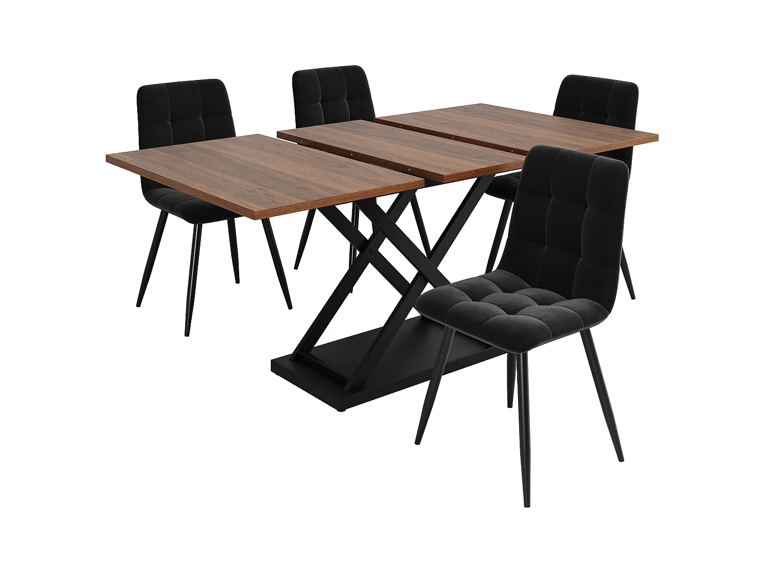 Ensemble table extensible avec 2 portes + 4 chaises en velours noir - 120/160 x 80 x 75 cm - Bois MDF et pièds en métal croissés - Marron